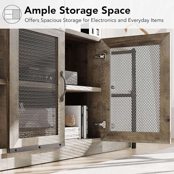 CABIHOME Farmhouse TV Stand for 75/80 inches TVs, Entertainment Center with Storage Cabinet and Mesh Doors, Industrial Media Console Cabinet Table, Living Room Media Furniture, Light Grey-NeatNest