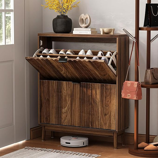 Shoe Cabinet with 2 Flip Fluted Panel Drawers, Hidden Shoe Organizer with Solid Wood Legs, Entryway Shoe Rack Cabinet for Hallway, Walnut
