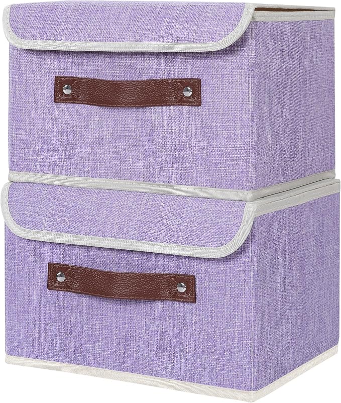 ANMINY 2PCS Storage Bins with Lid PU Leather Handles Storage Boxes PP Plastic Board Decorative Foldable Lidded Cotton Linen Fabric Home Cubes Baskets Closet Organizer Containers - Purple, Small Size-NeatNest