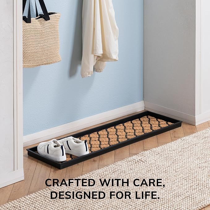 Anji Mountain Heavy Duty Waterproof Rubber Shoe Storage Mat Organizer/Boot Storage Tray Multi Use for Entryway with Coir, Tan Insert, Fits 4 Pair (46.5" Wide)