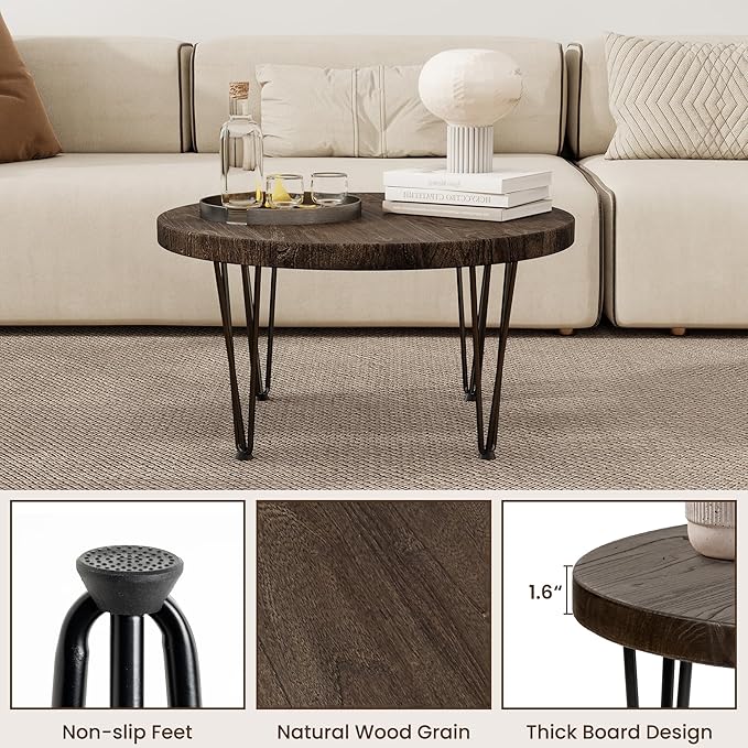 Fun Memories Round Coffee Table - Elm Wood Nesting Table with Metal Legs & Non Slip Feet Base - Rustic Nesting End Tables for Living Room Bedroom - 27.5" D x 27.5" W x 16" H - Walnut Color