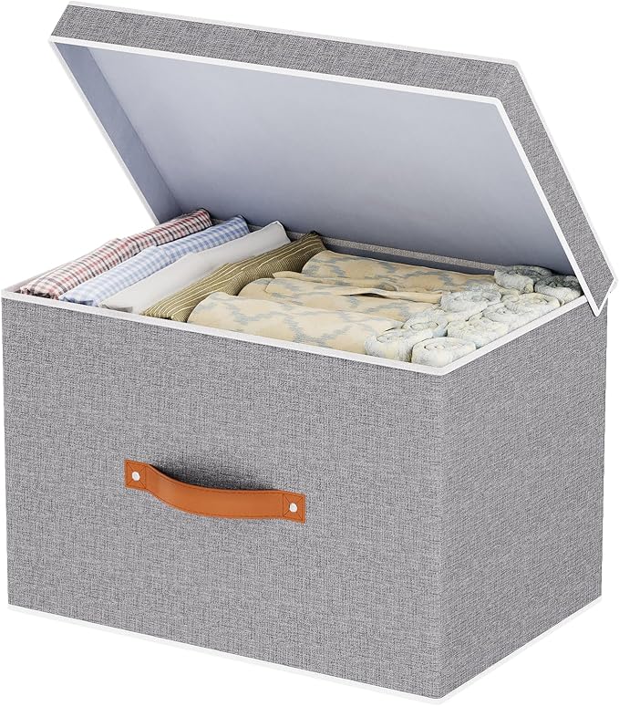 Collapsible Storage Bins with Lids, Linen Foldable Cloth Baskets, 17.7 x 11.8 x 11.8 Inch Closet Organizer Containers with Double Handles, Sweater Boxes for Bedroom, Grey, 1 Pack-NeatNest