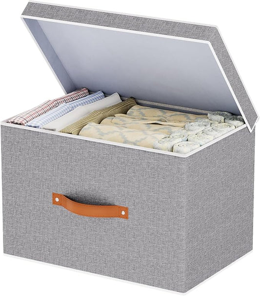 Collapsible Storage Bins with Lids, Linen Foldable Cloth Baskets, 17.7 x 11.8 x 11.8 Inch Closet Organizer Containers with Double Handles, Sweater Boxes for Bedroom, Grey, 1 Pack-NeatNest