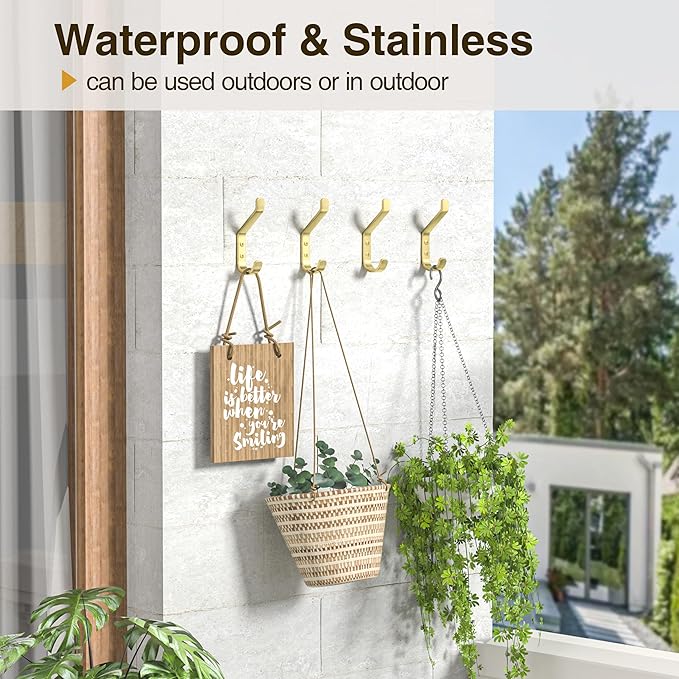 10-Pack Coat Hooks Wall Mounted: 20LB Heavy Duty Hanger for Hanging:Backpack, Towel, Bag, for Closet, Bathroom, Door, Mushroom, Stainless Gold, 3.75"