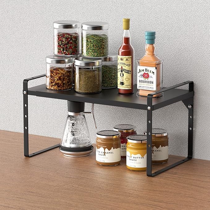 Slideep Adjustable Shelf Rack Height Cabinet Shelf 16.54'' to 27.17'', Expandable Cabinet Shelf Cupboard Stand Kitchen Bathroom Pantry Cupboard Home Office for Cups, Dishes, Plates - Black