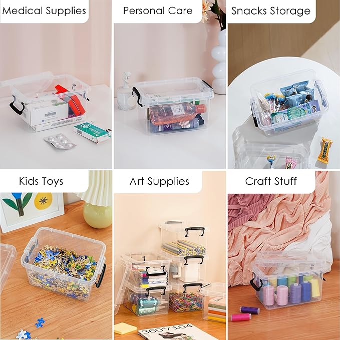 ITYLIFE CITYLIFE 4 Packs 3.5 QT Small Storage Bins with Black Handle Clear Plastic Bins with Reinforce Bottom Stackable Storage Containers for Organizing Art Supply, Craft Stuff, Markers, Small Toys