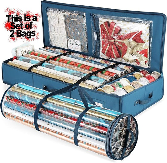 Hearth & Harbor Wrapping Paper Storage Container and Clear Wrap Paper Holder - Christmas Storage Bag with Interior Pockets - Fits Up to 36 Rolls of 40" - Tear Proof, Blue-NeatNest