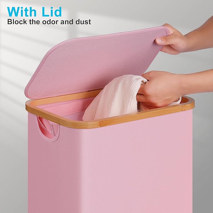 efluky Slim Laundry Basket with Wheels, Narrow Rolling Laundry Hamper with Lid and Removable Bag, Tall Aesthetic Dirty Clothes Hamper on Wheels for Laundry Room, Bedroom, Dorm and Bathroom, 75L Pink-NeatNest