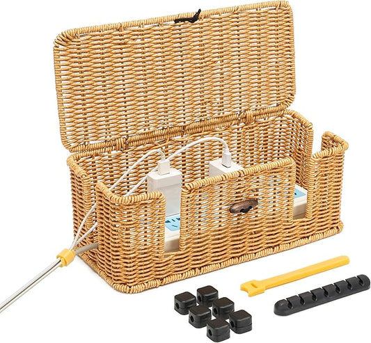Handwoven Synthetic Rattan Cable Organizer Box with Lid,with 4 Open Slots,Cord Organizer Box Cord Storage Basket for Computer Router USB Hub and Power Strip