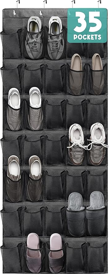 Tiblue Over The Door Shoe Organizers 35 Mesh Pockets Hanging Shoe Organizer Shoe Rack For Closet Entryway Bedroom Bathroom Pantry Shoe Holder, Men Sneakers, Women High Heeled Shoes, Flip Flops Black-NeatNest