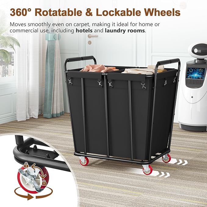 Hoctieon 2 Section Laundry Sorter Cart, 400L Rolling Hamper with Wheels, Industrial Laundry Basket Organizer, Extra Large Dirty Clothes Hamper for Home & Hotel, Heavy Duty, Black-NeatNest