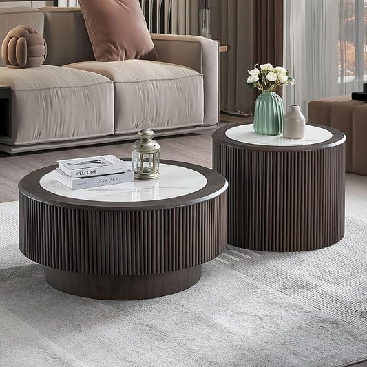 kevinplus ø31.49'' Round Faux Marble Coffee Table & Side End Table Set of 2 for Living Room, Modern Contemporary Circle Drum Embossment Fluted Pedestal Wooden Design, No Assembly (Dark Brown, 2-Pcs)