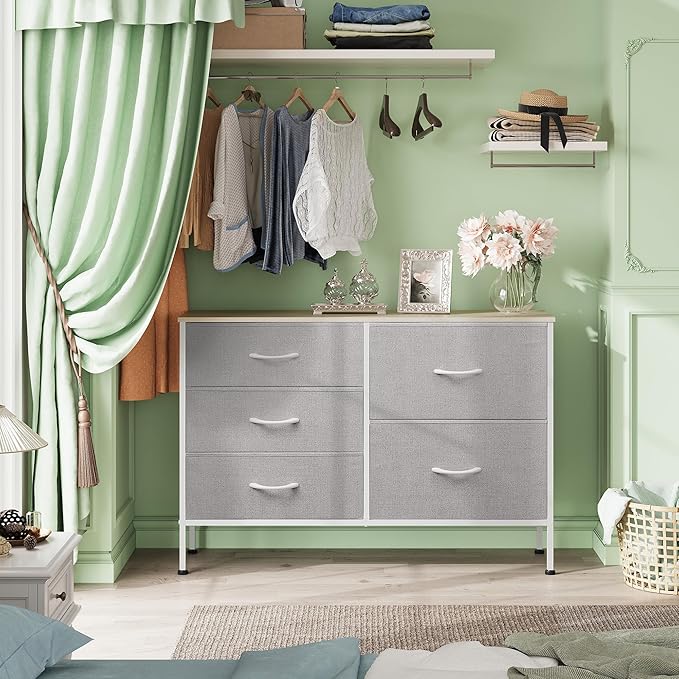 WLIVE Dresser for Bedroom with 5 Drawers, Wide Bedroom Dressers with Drawer Organizers, Chest of Drawers, Fabric Dresser for Living Room, Closet, Hallway, Light Grey-NeatNest