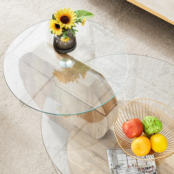Glass Coffee Tables Round Coffee Tables for Living Room Modern 3 Tier Round Table Circle Coffee Table for Small Space Home Office (35.4 Inch Light Wood)