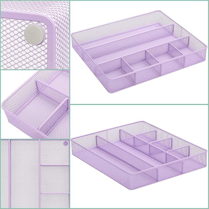 Annova Desk Top Organizer/Storage Tray - Metal Mesh with Dividers for Pens, Desktop Accessories, Bathroom, Kitchen, Makeup and Office Supplies (Large, Light Purple)-NeatNest