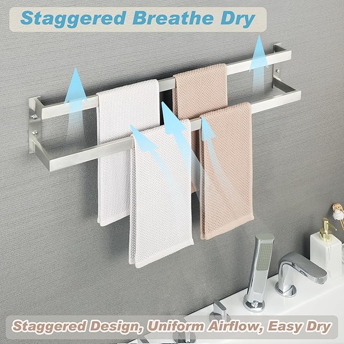 Alise Double Towel Bar 32", SUS304 Stainless Steel Towel Racks for Bathroom Wall Mounted, Space Saving Bathroom Towel Holder, Long Towel Hanger, Brushed Nickel