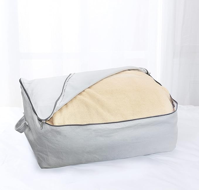 2PCS Durable Cotton Canvas, Soft Space Save Storage Bag Wardrobe Organizer with Handle & Zipper for Beddings, Comforters, Pillows, Blankets, Clothes, 25.6×18.5×8.7inch, Light Gray-NeatNest