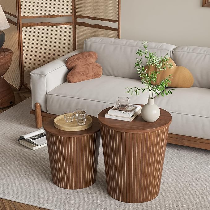 Round Coffee Table Set,2-Piece Modern Farmhouse Living Room End Table Set, Nesting Table Round Natural Finish for Living Room (Walnut, 17.72'')
