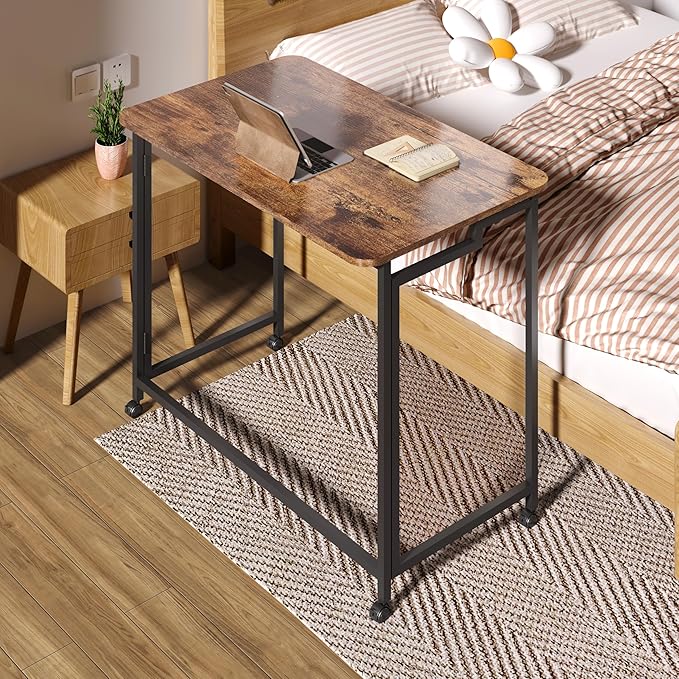 4NM 31.5" Mobile Small Rolling Computer Desk, Folding Laptop Cart Table with Wheels, Portable Office Desk for Small Space Couch Bed - Rustic Brown and Black