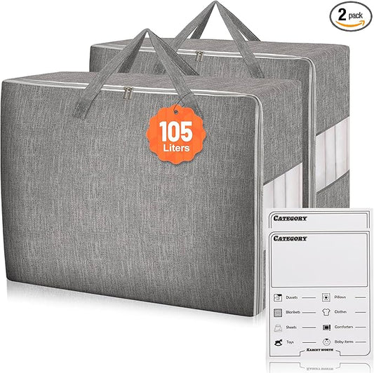 2 Pack 85L Comforter Storage Bags, Extra Large Bedding Storage Bags with Category Card and Clear Window, Reinforced Handles & Zippers, Foldable Closet Organizers for Blanket Pillow-NeatNest