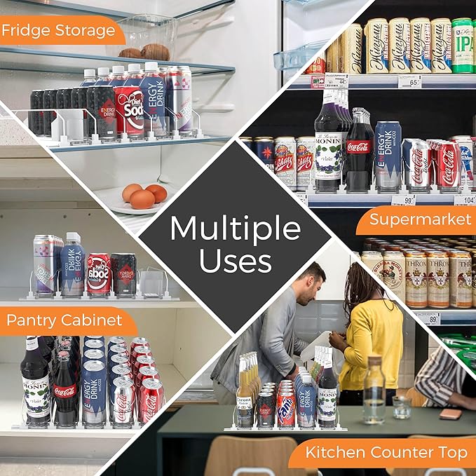 5 Rows Drink Organizer for Fridge, 15'' Soda Can Dispenser for Fridge with Pusher Glide, Width Adjustable Fridge Can Organization Hold Up to 25 Cans (White)