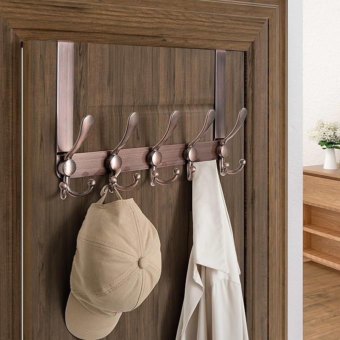 Dseap Over Door Hook 2.0 - Upgraded Version - Simple-Assembly, Strong, Heavy-Duty Stainless Steel 5-Tri-Hook Over The Door Hanger Rack, SimpleStrong Series, Antique Copper