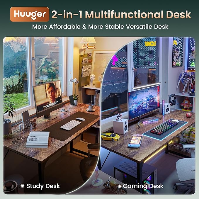 Huuger Computer Desk, 55 Inch Home Office Desk, Gaming Writing Work from Home Study Desk, Large Legroom, Sturdy Metal Frame, Modern Simple, Rustic Brown-NeatNest