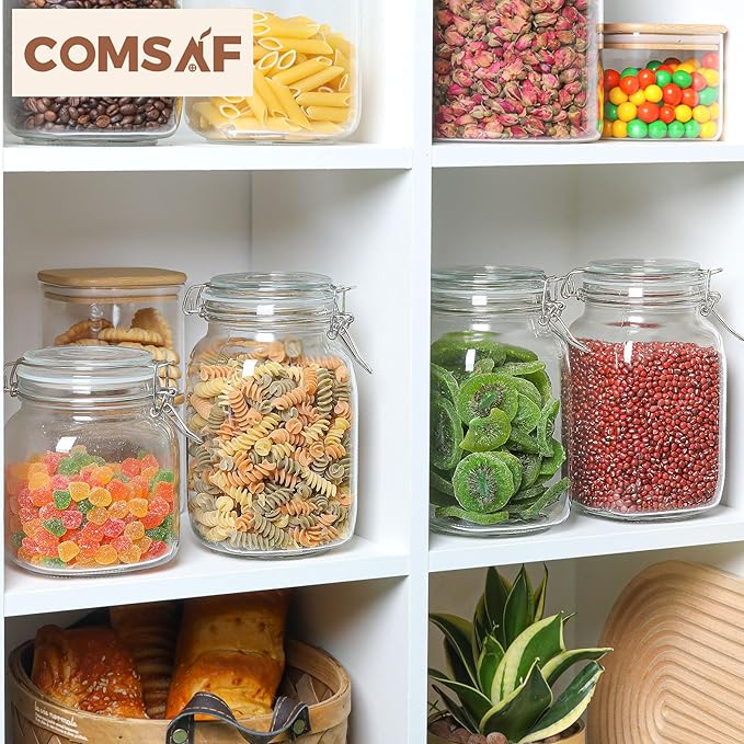 ComSaf Airtight Glass Canister Set of 3 with Lids 50oz Clear Food Storage Jars Square, Kitchen & Pantry Organization Food Storage Container for Canning, Sugar, Flour, Pasta, Candy, Cereal, Coffee-NeatNest