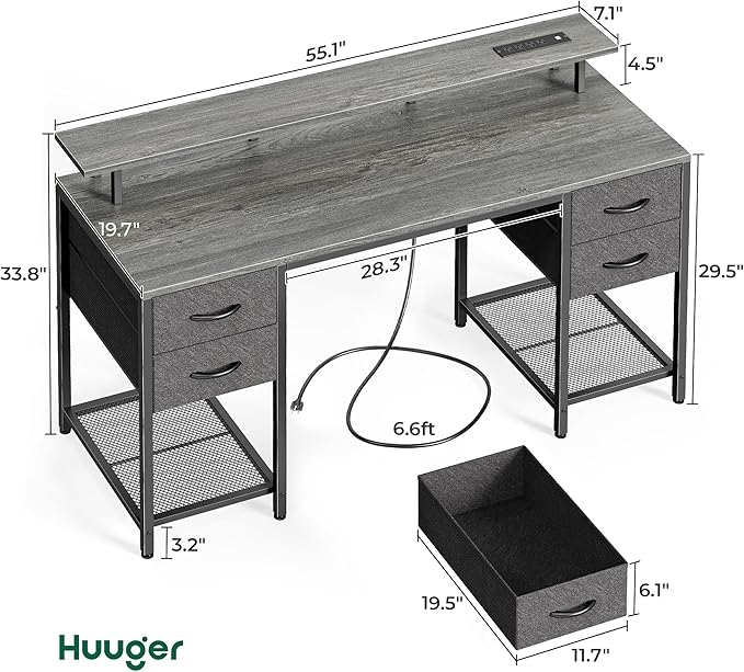 Huuger 55 inch Computer Desk with 4 Drawers, Gaming Desk with LED Lights & Power Outlets, Home Office Desk with Large Storage Space for Bedroom, Work from Home, Gray-NeatNest