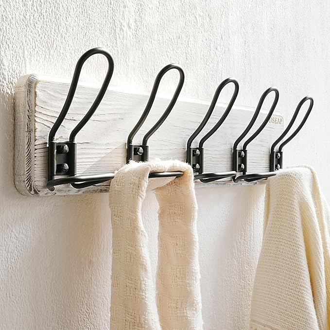 Dseap Coat Rack Wall Mounted - Heavy Duty Farmhouse Rustic Wall Coat Hanger With 5 Wire Hooks for Clothes Hat Jacket Towel, RusticWire, G25A, Whitewash & Black-NeatNest