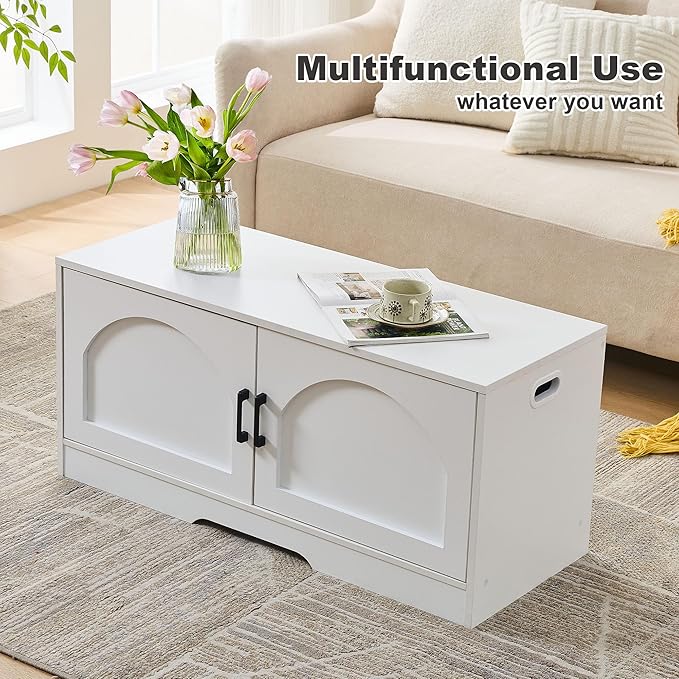 Shoe Bench, Entryway Storage Bench with 2 Doors, Shoe Rack Adjustable Shelves, Shoe Cabinet with Storage, 31.5" W x 13.8" D x 18.1" H for Entryway, Living Room, Hallway, Mudroom, Bedroom, White