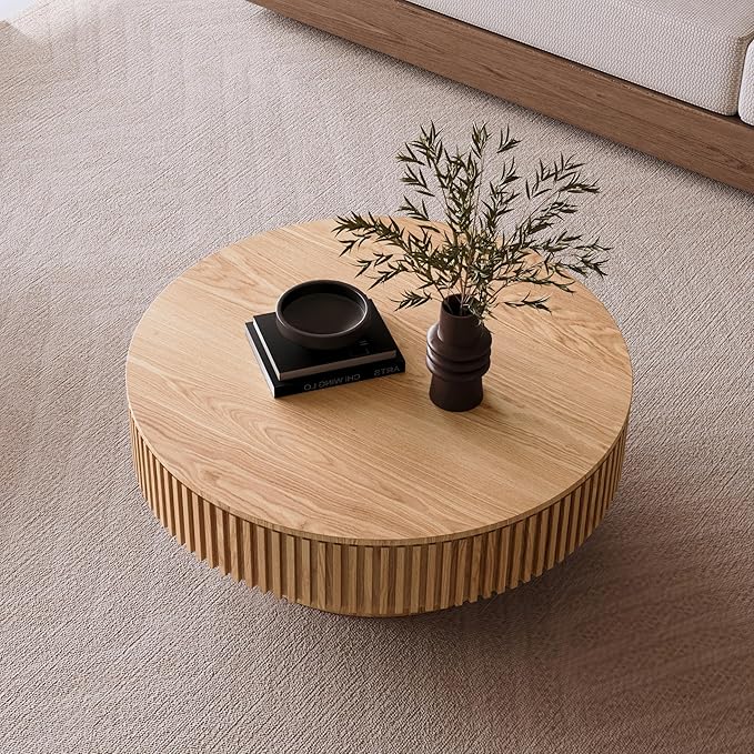 kevinplus 39.37'' Round Coffee Table Modern Wood Circle Fluted Drum Pedestal Coffee Table with Storage Space for Living Room, Easy Assembly, Wood