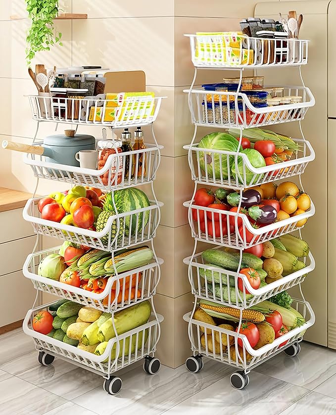 MURRI&MURRDI Fruit Vegetable Storage Basket with Wheels, 6 Tier Stackable Wire Storage Baskets with Wheels Produce Basket for Kitchen Rack Storage Cart for Pantry 6 Tier Fruit Stand （A White）