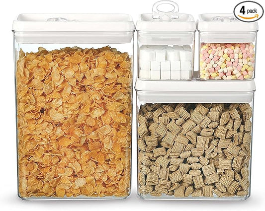 Felli Flip Tite Storage Container with Lid 4" RECTANGULAR Air Tight Ring Flip Top, Stackable Acrylic Canister for Kitchen Counter Pantry, Cereal Granola Pasta Spice, Gift Set for Women (4pk, Variety)-NeatNest