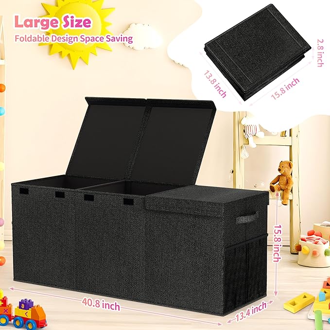 Extra Large Toy Box, Collapsible Sturdy Kids Toy Chest for Boys, Girls, 40"x14"x16" Storage Organizer Toddler Storage Bins with Lids, Toybox Basket for Living Room, Bedroom, Nursery, Black