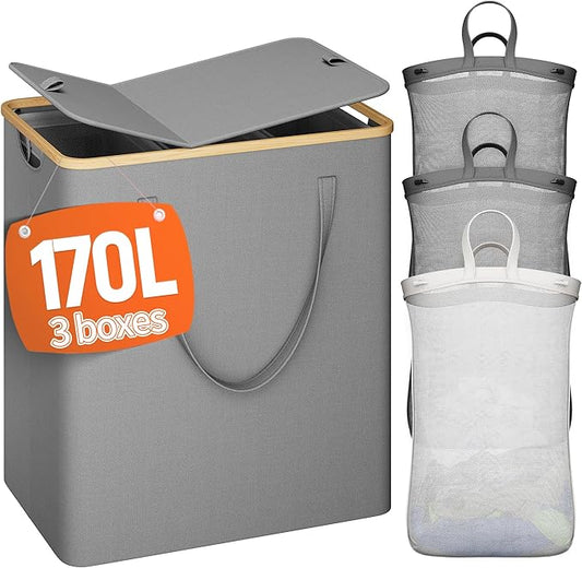 170L Laundry Hamper with Lid 3 Section, Extra Large Laundry Basket with 3 Removable Bags, Laundry Basket Organizer for Bedroom, Laundry Room, Dorm, Clothes Hamper, Grey-NeatNest