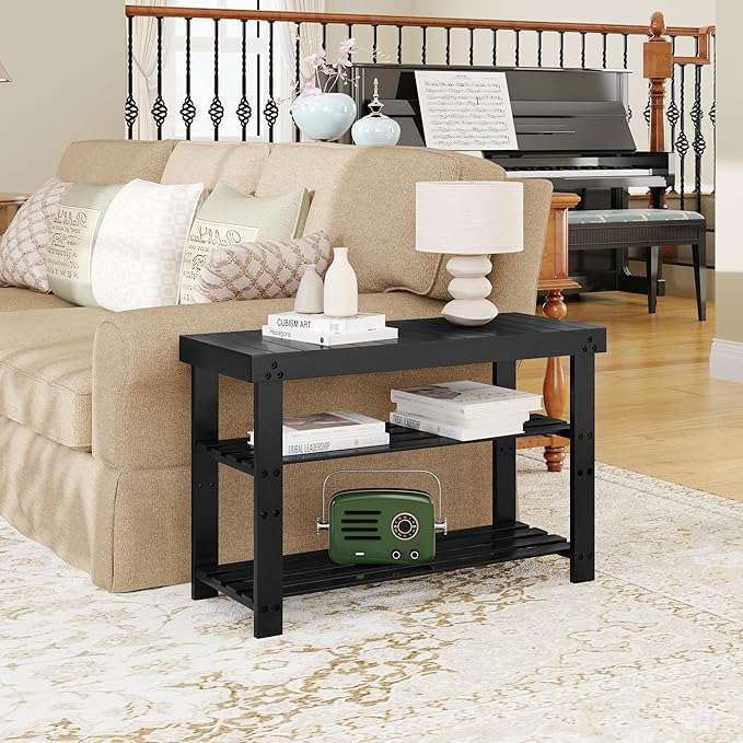 Bamboo Shoe Bench, 3-Tier Shoe Rack, Entryway Bench with Cushion and Adjustable Shelves, Shoe Rack for Entryway, Hallway, Mudroom and Living Room, Black