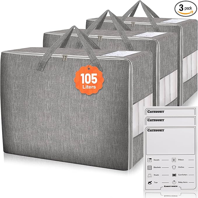 3 Pack 105L Comforter Storage Bags, Extra Large Bedding Storage Bags with Card and Clear Window, Reinforced Handles & Zippers, Foldable Closet Organizers for Blanket Pillow Clothes-NeatNest