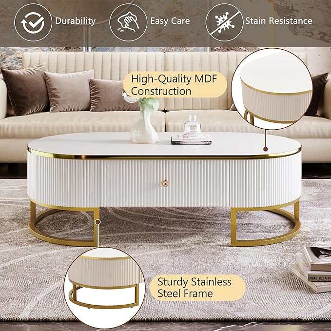 47.2" Modern Oval Coffee Table with Drawers, Curved Profile Design, Gold Metal Decor End Tables Sofa Table for Living Room Office Bedroom Balcony, White & Gold