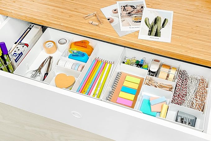 CAXXA 3 Slot Drawer Organizer with 4 Adjustable Dividers - Drawer Storage 7 Compartments Junk Drawer Organizer for Office Desk Supplies and Accessories, White-NeatNest