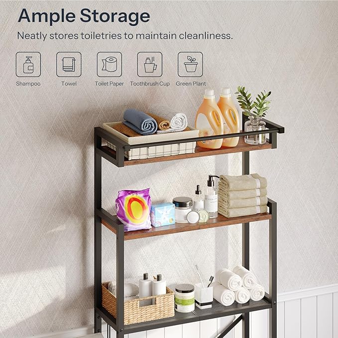 HOOBRO Over-The-Toilet Storage Rack, 3-Tier Bathroom Shelves Above Toilet, Bathroom Organizer with Toilet Paper Hook, Laundry Room, Space Saver, Rustic Brown and Black BF21TS01