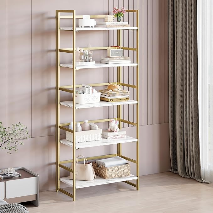 BHG No Assembly Folding Bookshelf for Living Room, 5 Tier Gold Collapsible Book Shelf for Home Office, Portable Bookcase Storage Organizer-NeatNest