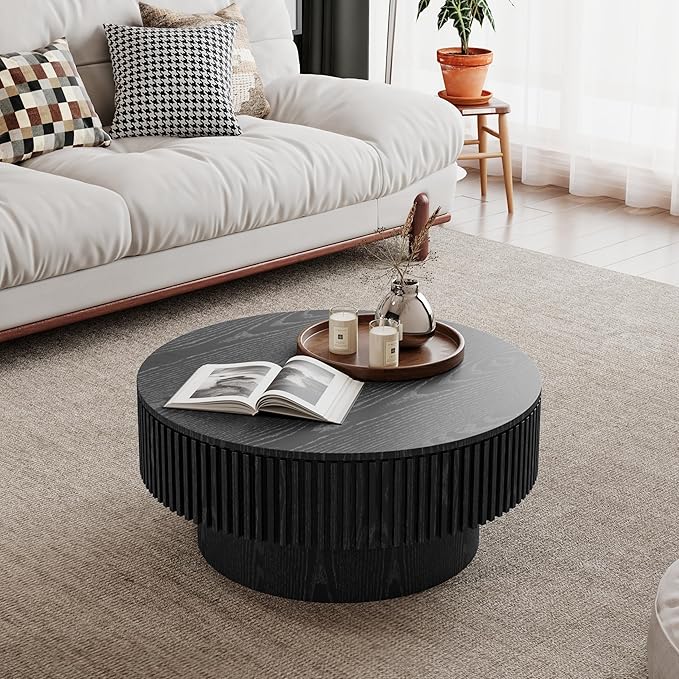 kevinplus 31.5'' Round Coffee Table with Storage Space, Modern Wood Circle Fluted Drum Pedestal Coffee Table for Living Room, Easy Assembly, Black (ø31.49'' x 14'')