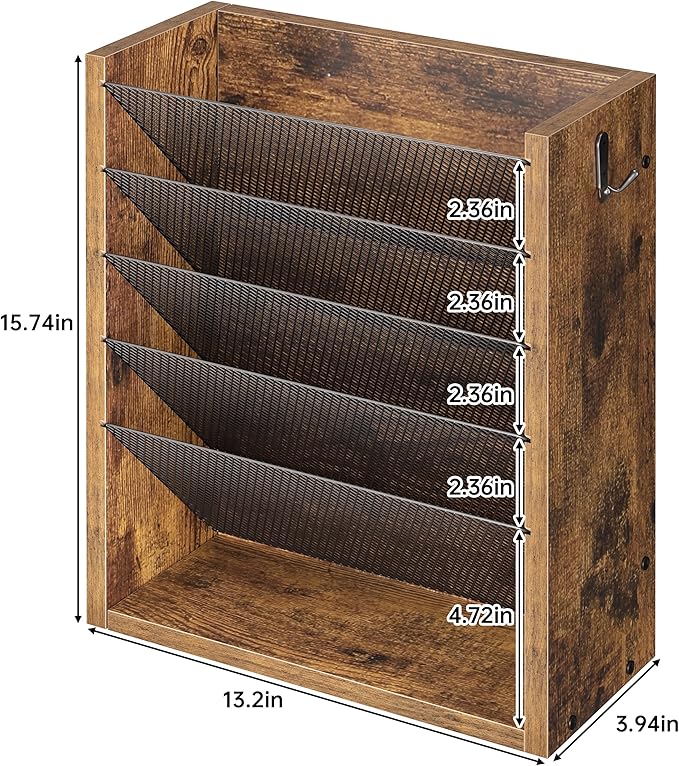 Hanging Wall File Organizer, 6 Tier Wood Wall File Holder with 2 Hooks, Mail Organizer Wall Mounted with Bottom Flat Tray, Vertical Paper Desk Storage for Office, Home, Rustic Brown