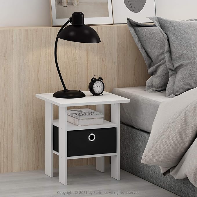 Furinno Andrey Set of 2 End Side Night Stand/Bedside Table with Bin Drawer, 2-Pack, White/Black