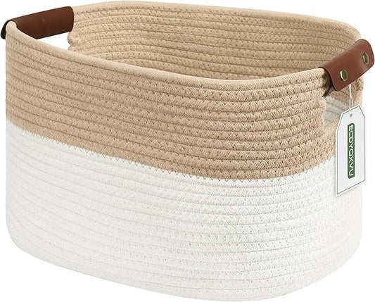Cotton Rope Storage Baskets, 15x10x9 in, Rectangular, White/Beige-1Pack, Modern, Durable, Easy To Use, Foldable, Laundry, Storage, Decoration-NeatNest