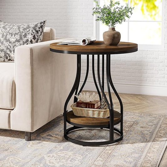 Tribesigns Round Side End Table 2-Tier End Tables Modern Bedside Table Small Chirside Tables with Storage for Couch Side, Nightstand with Metal Frame for Living Room (1, Brown+Black)