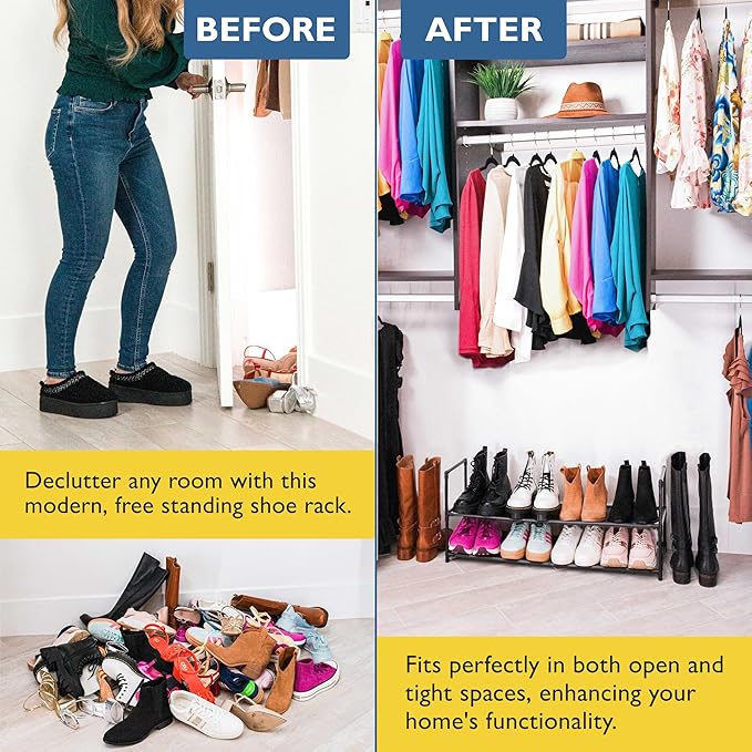 Sundaze Shoe Rack - 2 Tier Shoe Rack for Front Door Entrance, Sturdy Long Shoe Organizer for Closet, Bedroom, Entryway, Garage, Non Woven Fabric Shelf, Black, Holds Up to 10 Pairs-NeatNest