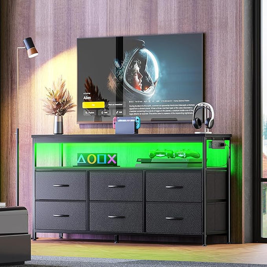 Huuger LED TV Stand for Bedroom, 47 Inch Dresser TV Stand for 43, 50, 55 Inch TV, Black TV Stand with Storage, Entertainment Center with Power Outlets, 6 Drawer Fabric Dresser for Living Room-NeatNest