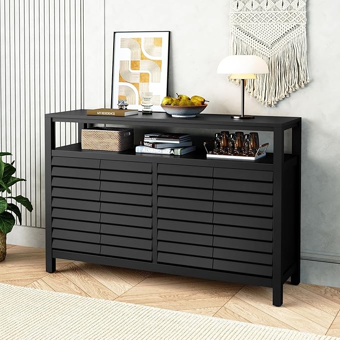 HLR Bathroom Floor Storage Cabinet, Farmhouse Sideboard with Decorative Louvered Doors, Bathroom Storage Unit with 4 Doors & Shelves, Freestanding Credenza for Dining Room, Living Room, Hallway, Black-NeatNest